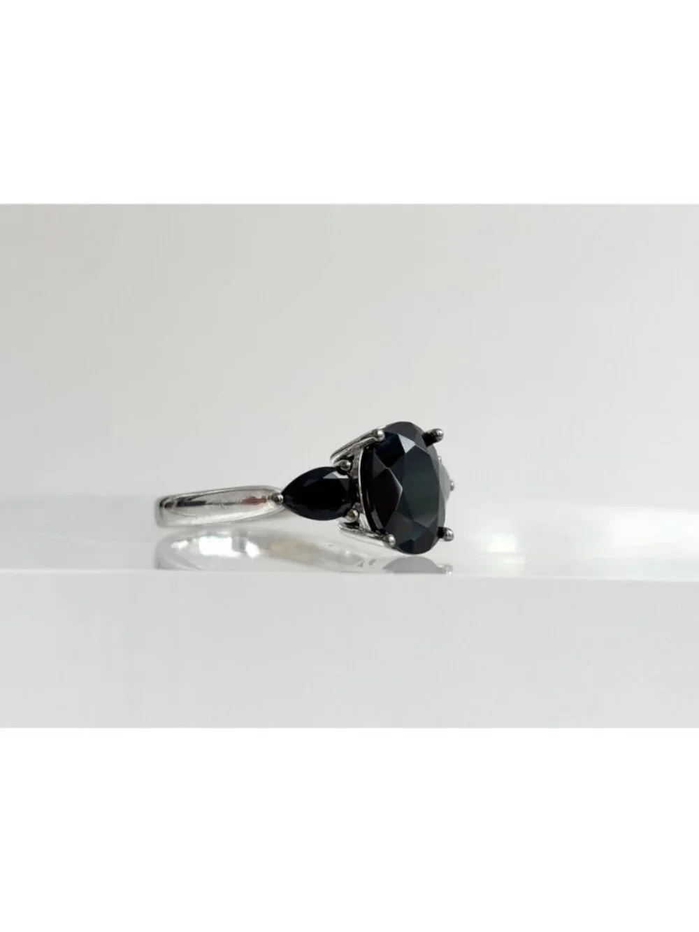 Triple  Black Onyx Gemstone Minimalist Sterling Silver 925 Vintage Ring - sz 8
